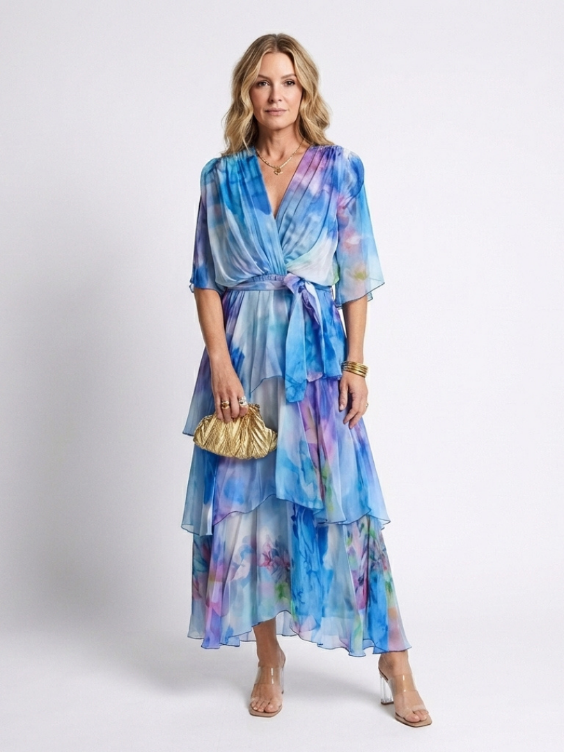Wrap Front Tiered Summer Dress with Wide Sleeves and Tie Waist