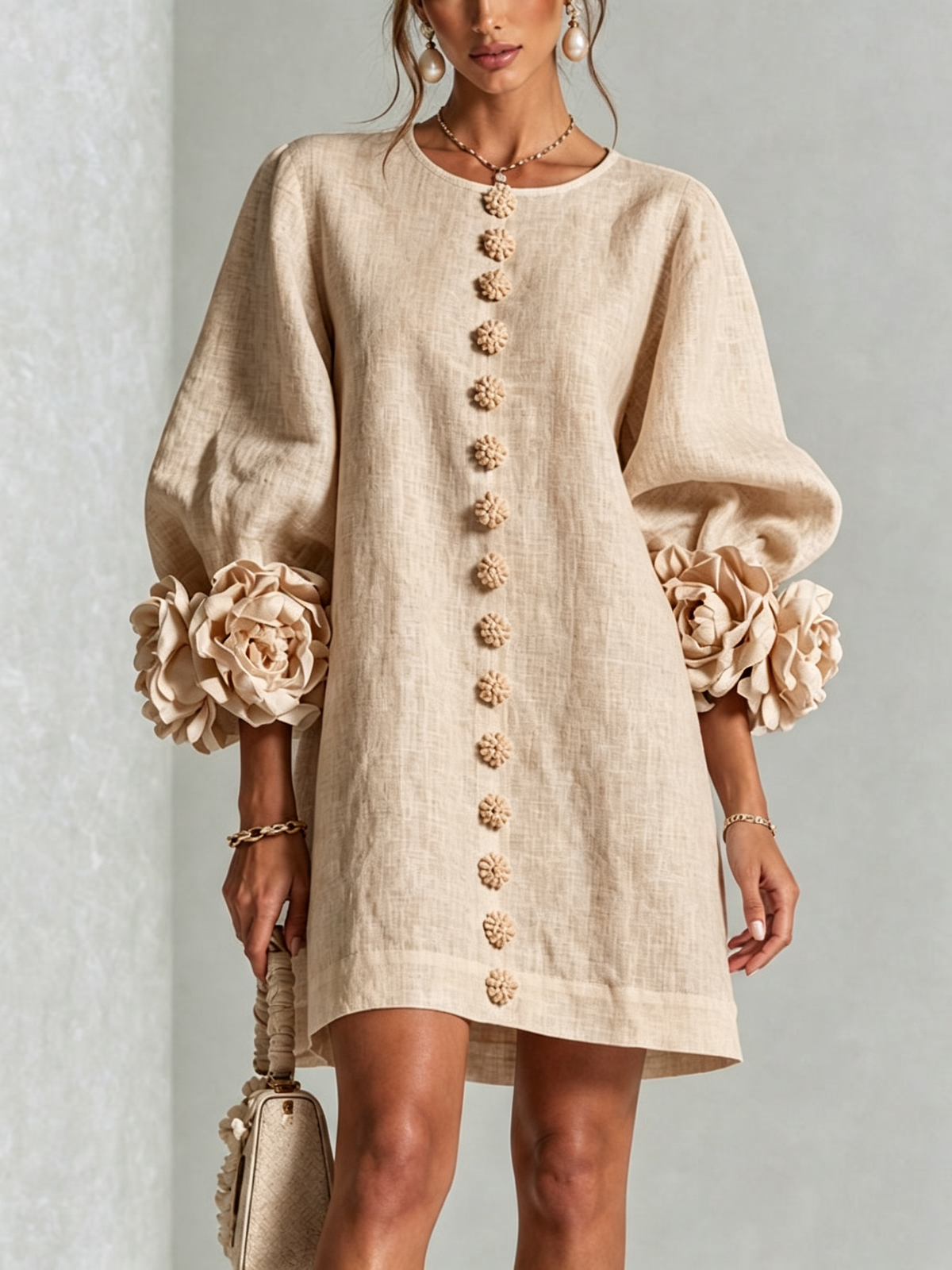 Bruna | Mini Dress in Linen Blend with Rose Cuffs