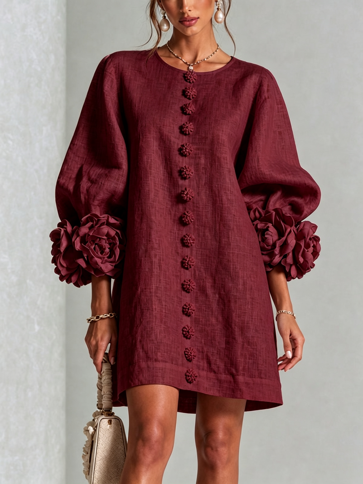Bruna | Mini Dress in Linen Blend with Rose Cuffs