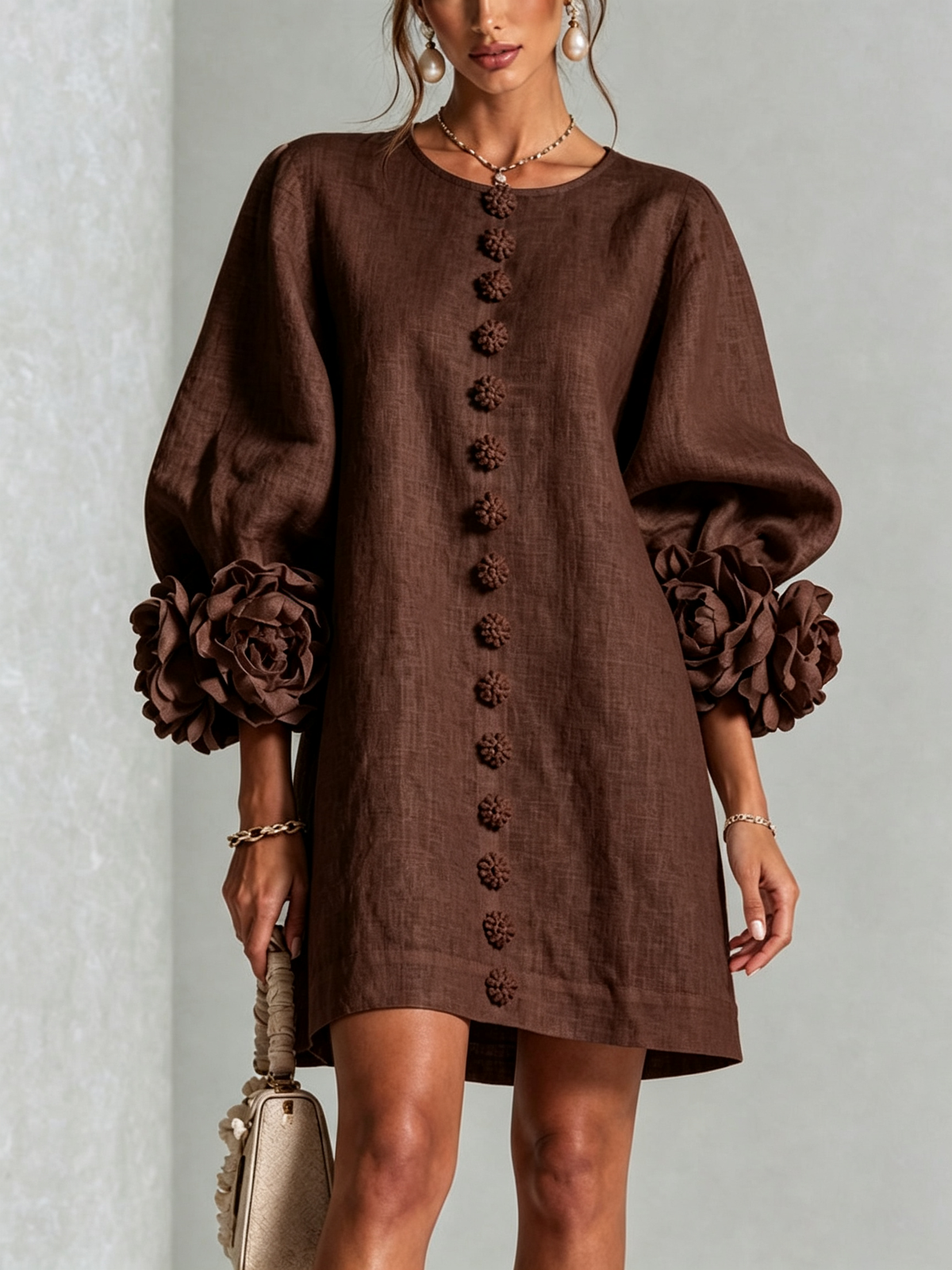 Bruna | Mini Dress in Linen Blend with Rose Cuffs