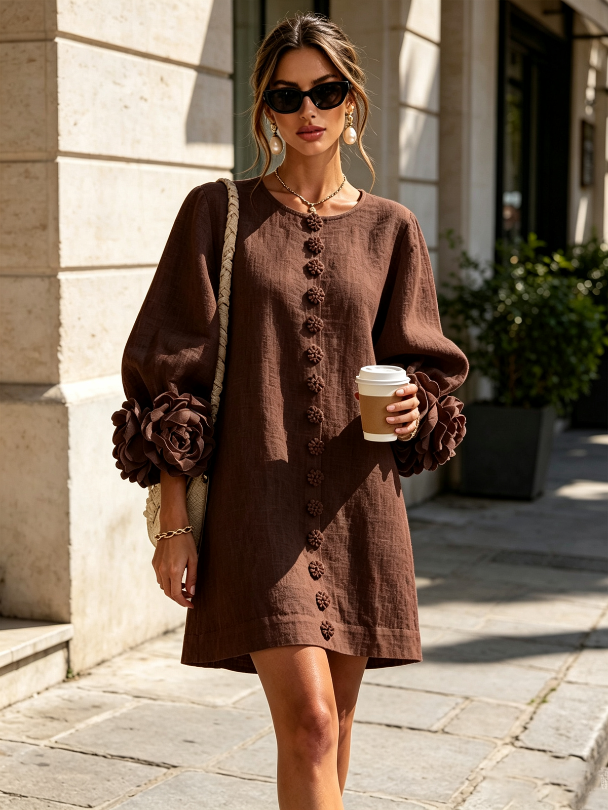 Bruna | Mini Dress in Linen Blend with Rose Cuffs