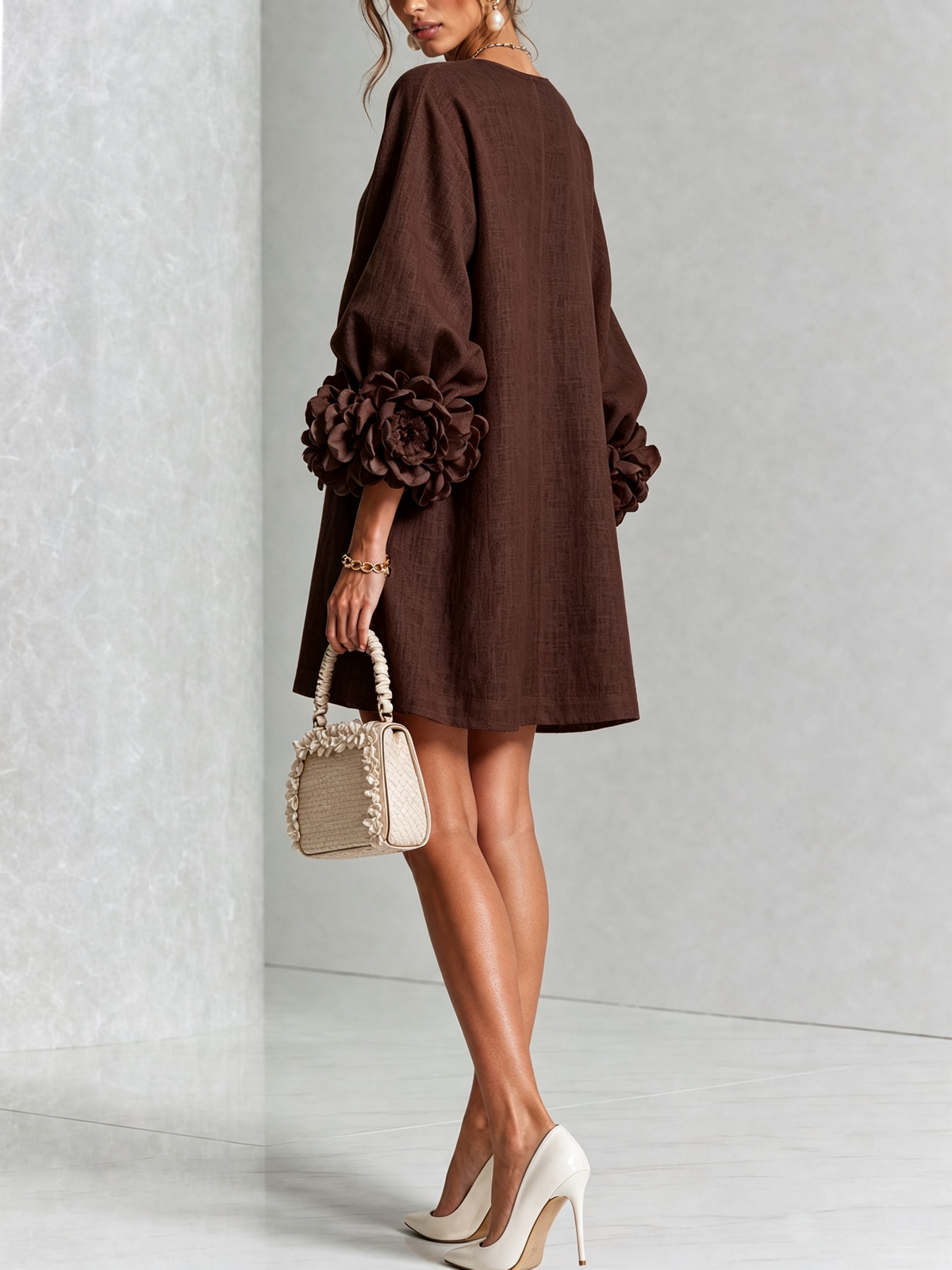 Bruna | Mini Dress in Linen Blend with Rose Cuffs
