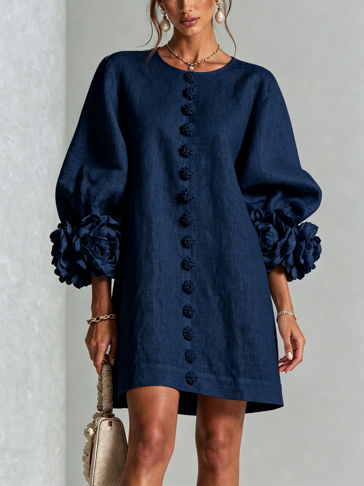 Bruna | Mini Dress in Linen Blend with Rose Cuffs