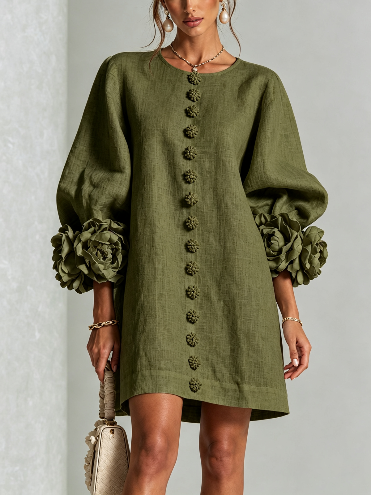Bruna | Mini Dress in Linen Blend with Rose Cuffs