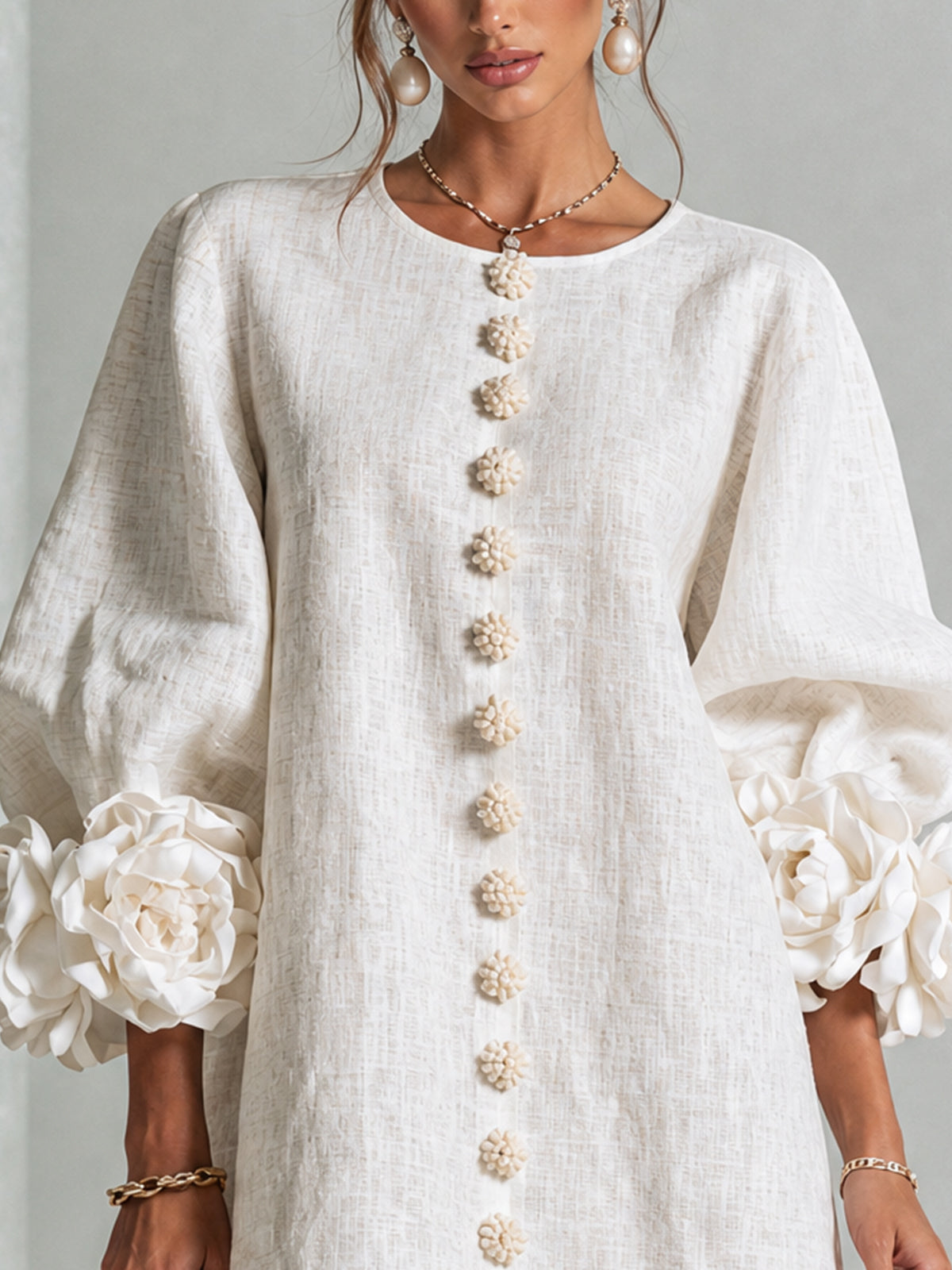 Bruna | Mini Dress in Linen Blend with Rose Cuffs