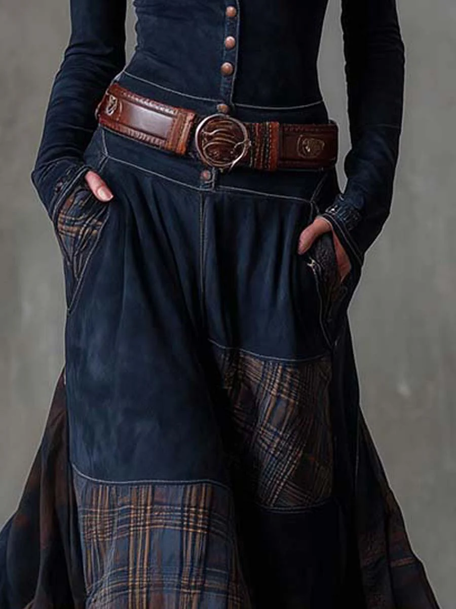 LEONE | VINTAGE LONG SUEDE CHECKERED DRESS (INCLUDES BELT)
