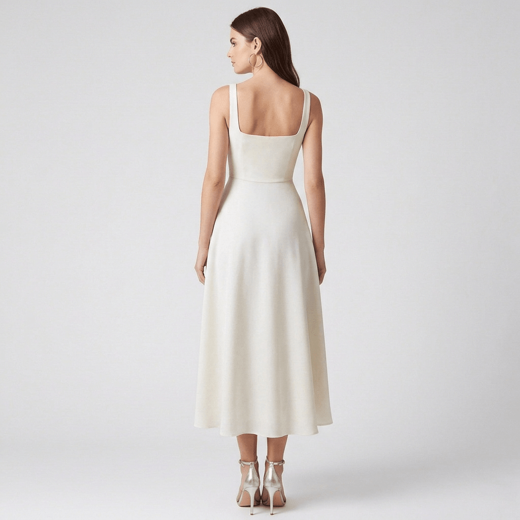 Ivory Midi Dress with Square Neckline and Full Skirt