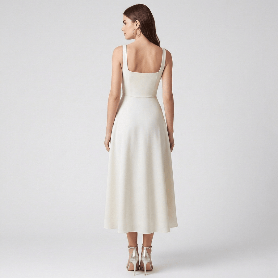 Ivory Midi Dress with Square Neckline and Full Skirt