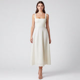 Ivory Midi Dress with Square Neckline and Full Skirt
