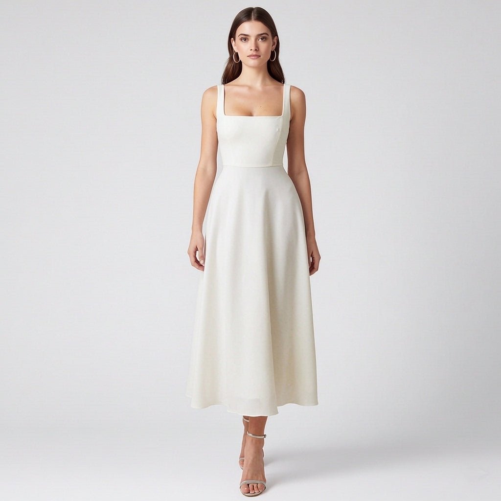 Ivory Midi Dress with Square Neckline and Full Skirt