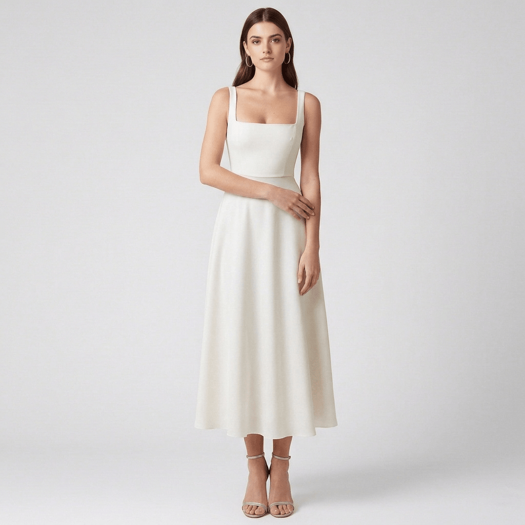 Ivory Midi Dress with Square Neckline and Full Skirt