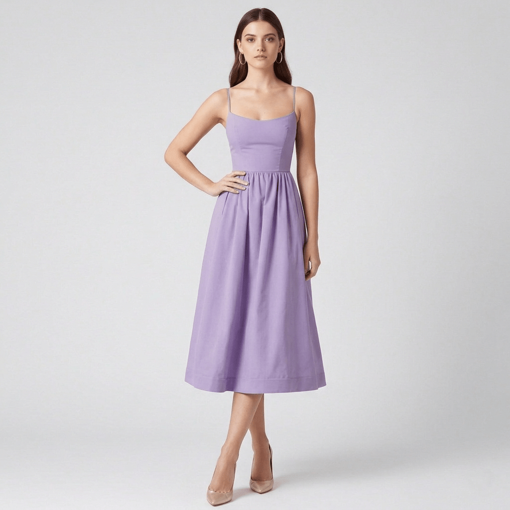 Lilac Midi Dress with Sweetheart Neckline and Full Skirt