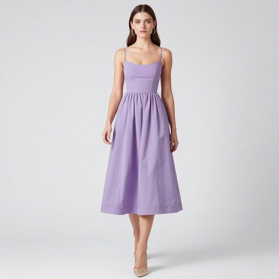 Lilac Midi Dress with Sweetheart Neckline and Full Skirt