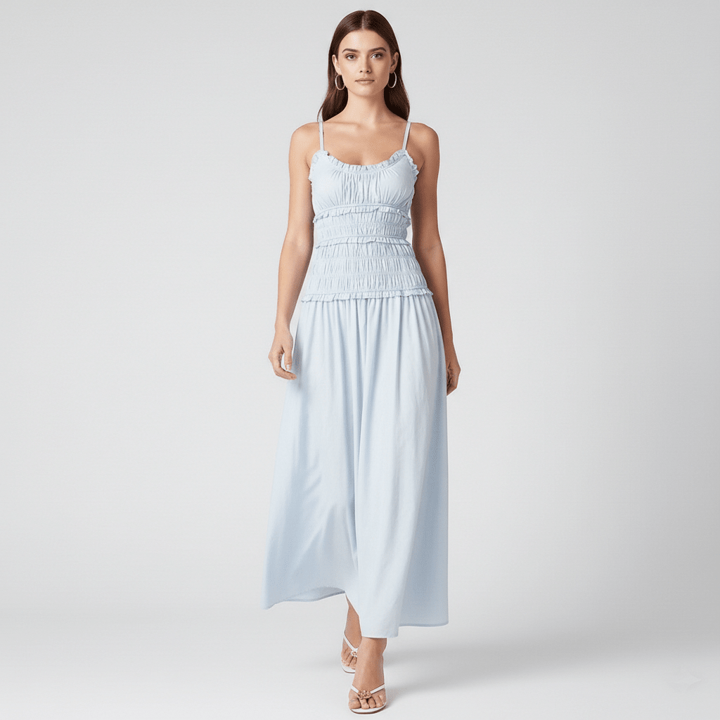 Blue Smocked Maxi Dress with Spaghetti Straps and Flowing Skirt