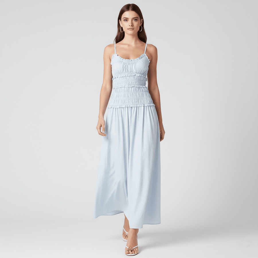 Blue Smocked Maxi Dress with Spaghetti Straps and Flowing Skirt