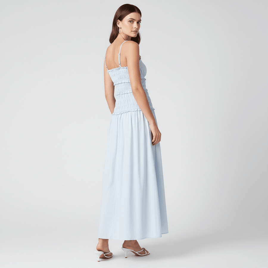 Blue Smocked Maxi Dress with Spaghetti Straps and Flowing Skirt