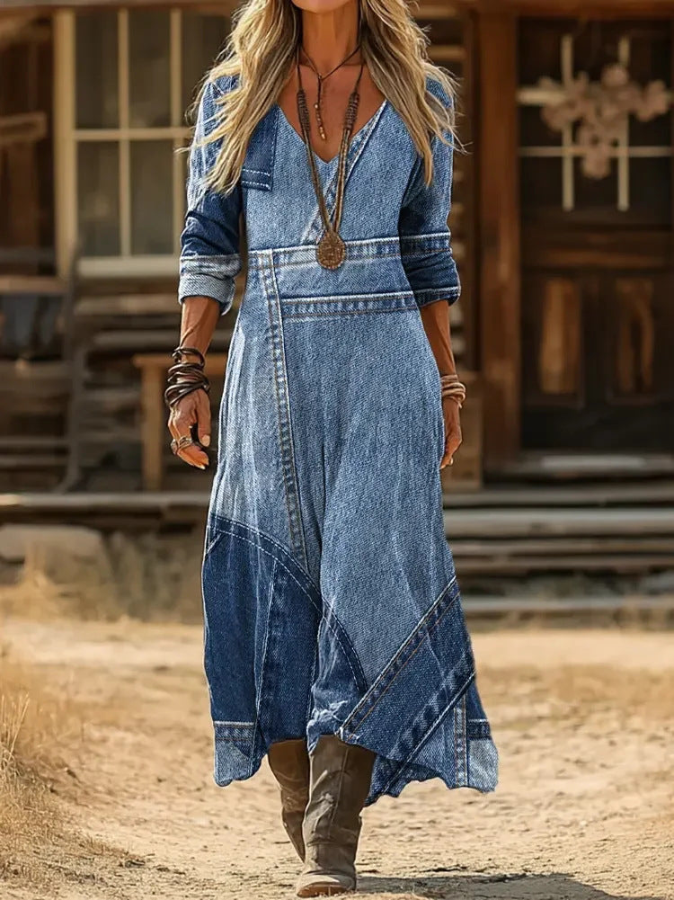 WISTERIA | DENIM-LOOK PATCHWORK MAXI DRESS