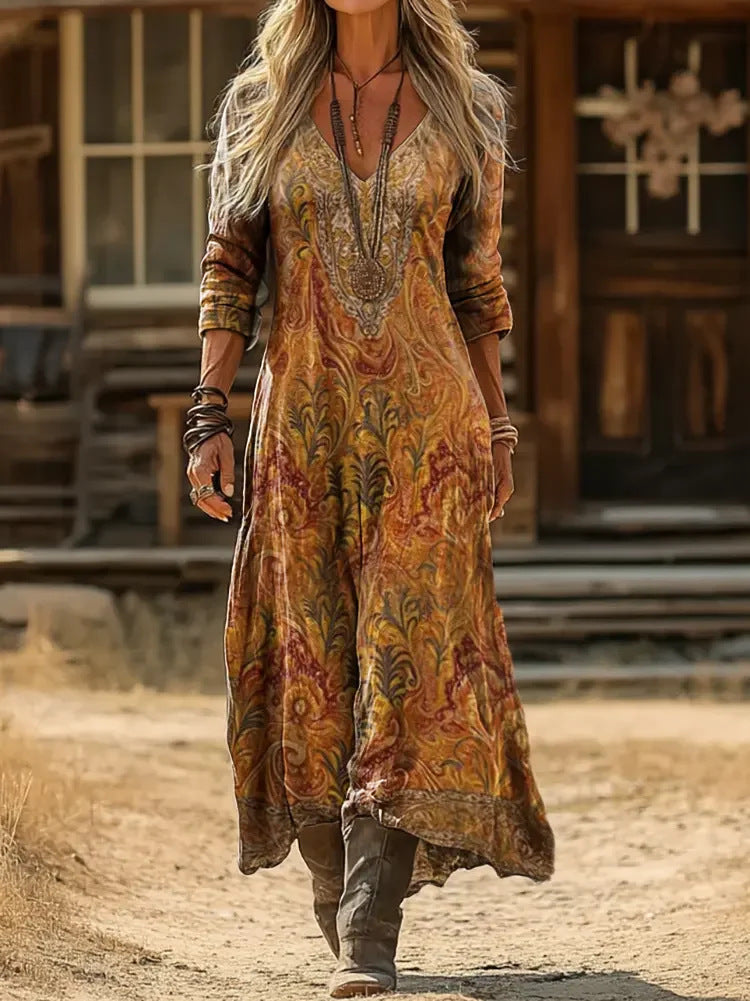 MELORA | PAISLEY PRINT V-NECK MAXI DRESS