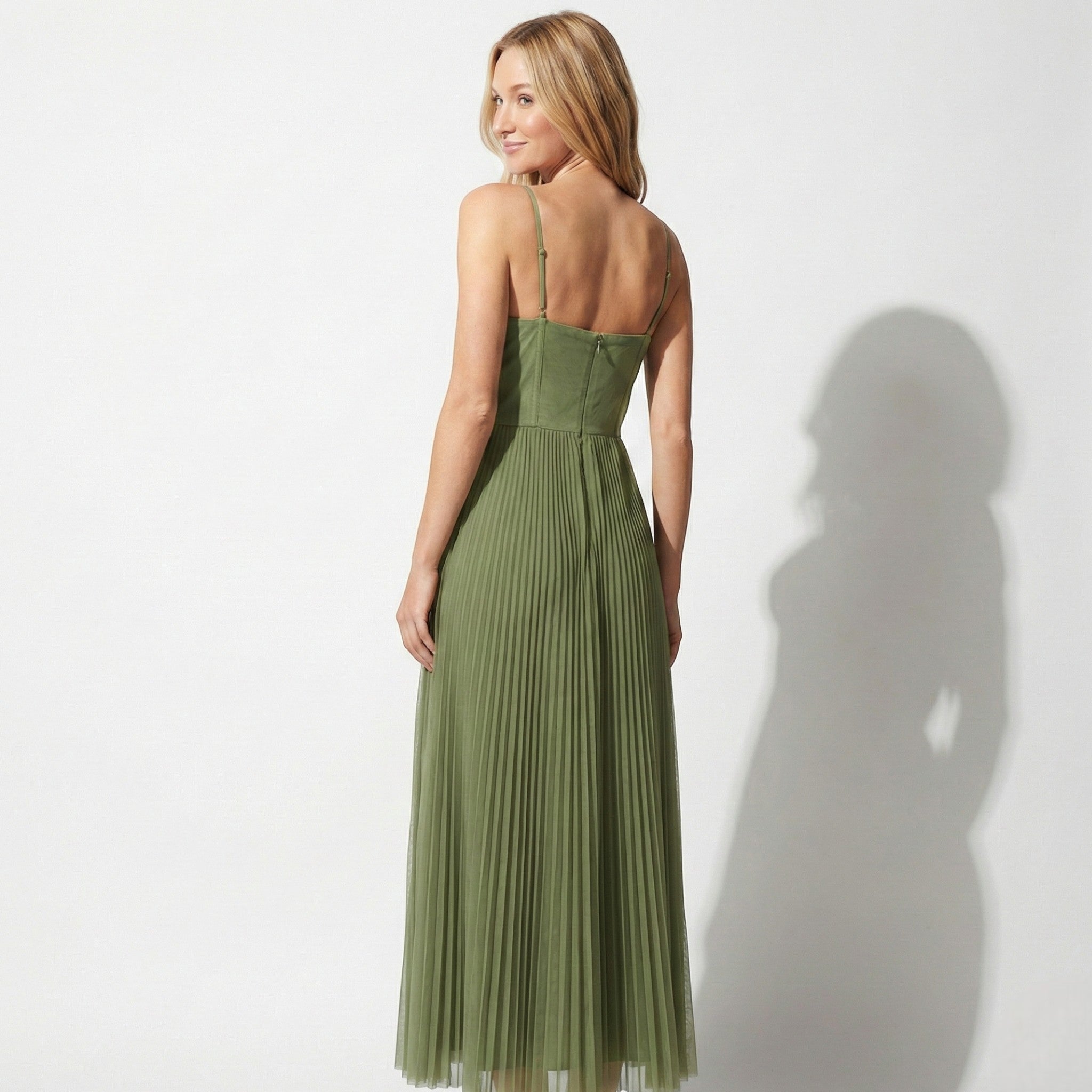 Olive Green Pleated Midi Dress with Corset Bodice