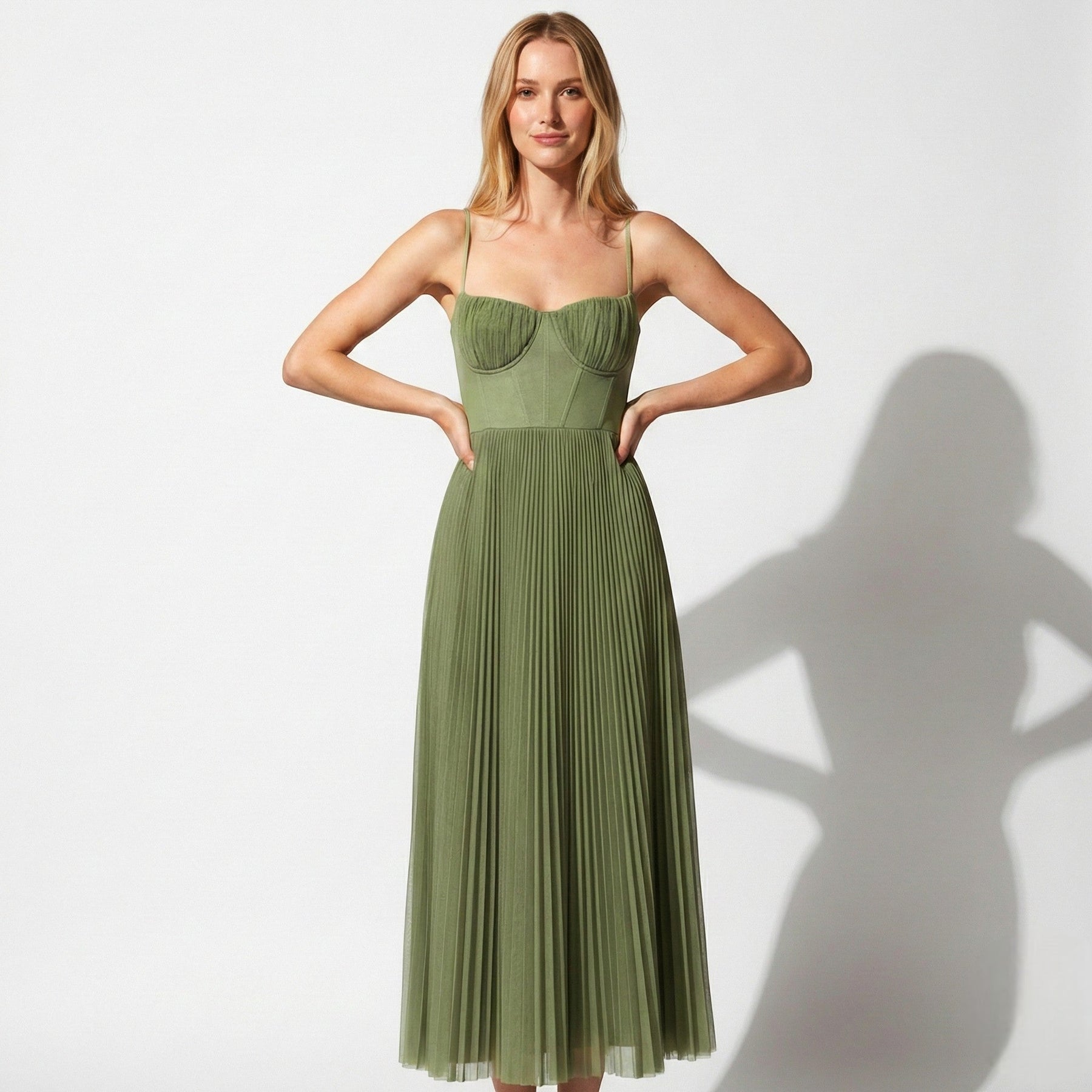 Olive Green Pleated Midi Dress with Corset Bodice