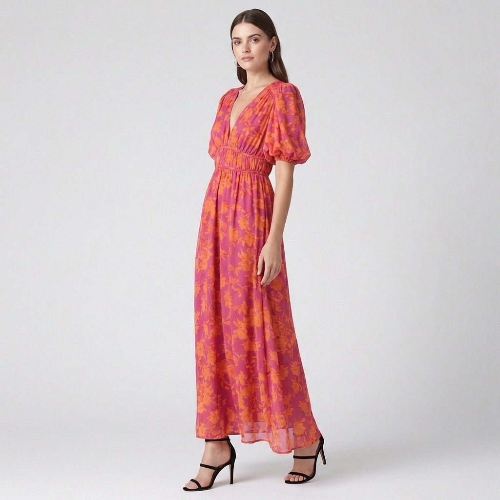 Floral Maxi Dress with Deep V-Neckline and Puff Sleeves