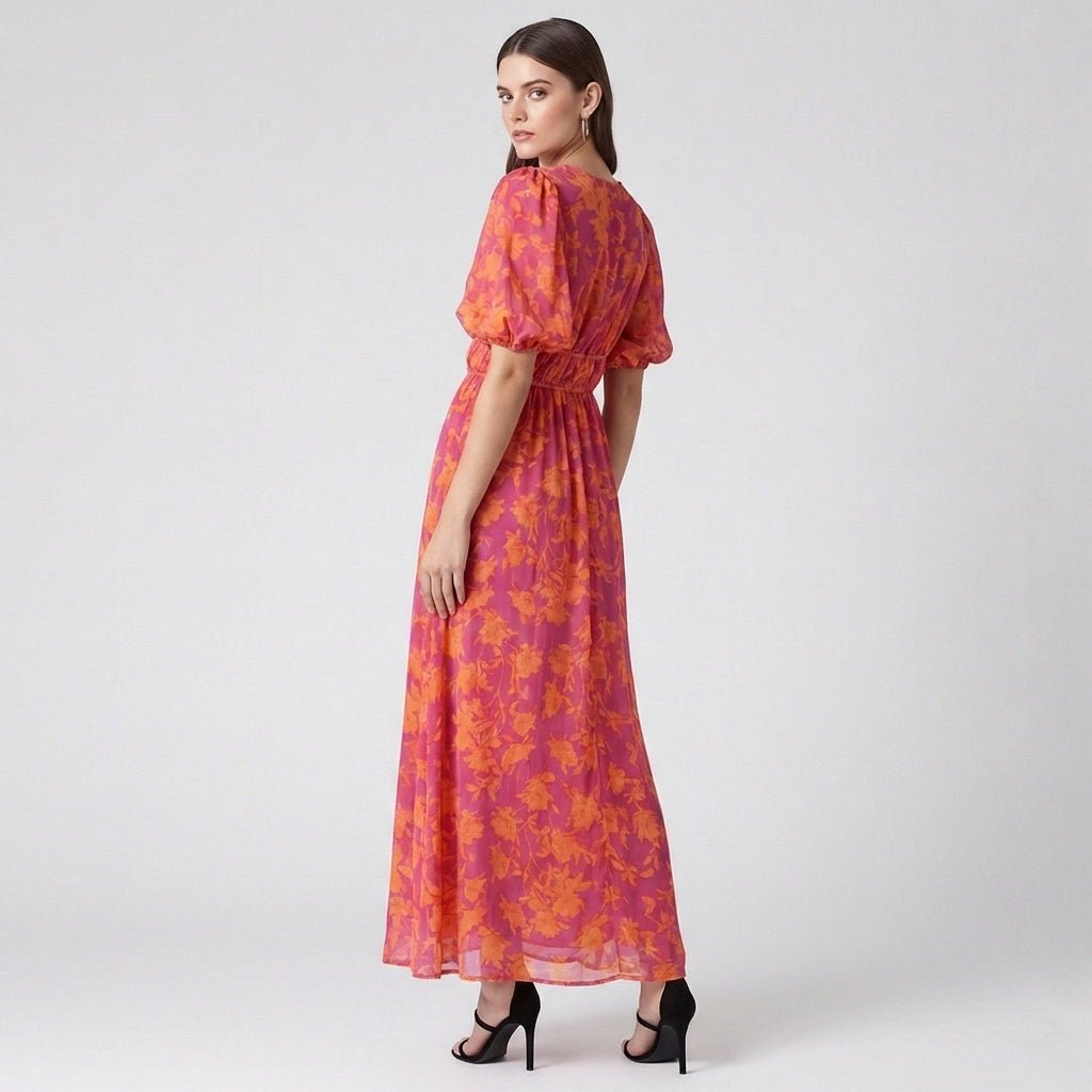 Floral Maxi Dress with Deep V-Neckline and Puff Sleeves