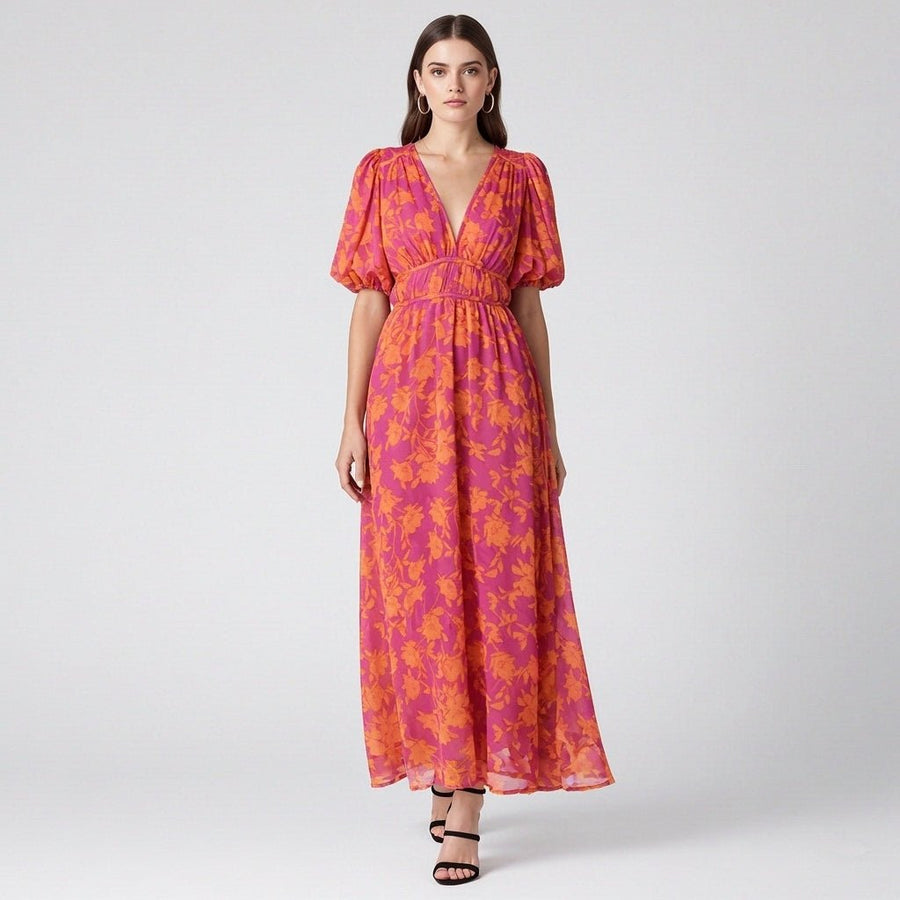 Floral Maxi Dress with Deep V-Neckline and Puff Sleeves