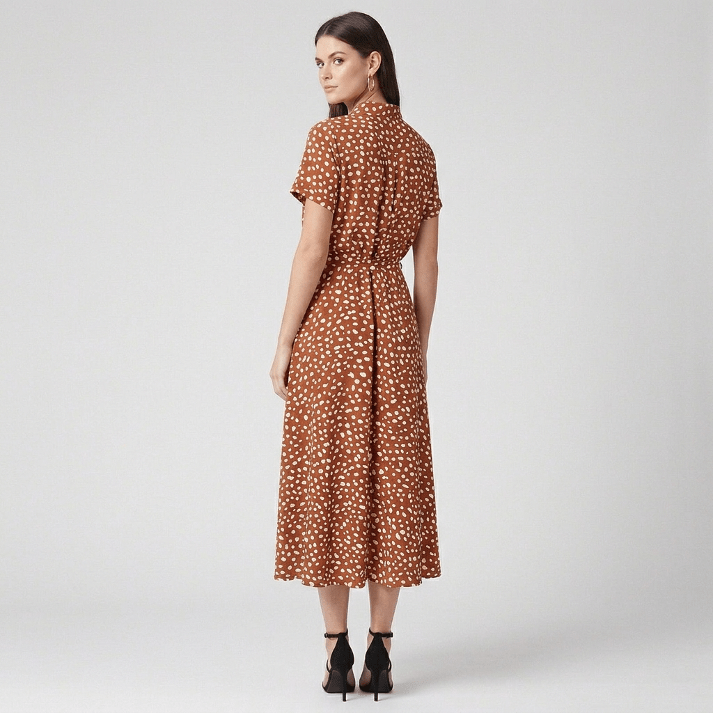 Brown Polka Dot Shirt Dress with Drawstring Waist and Short Sleeves