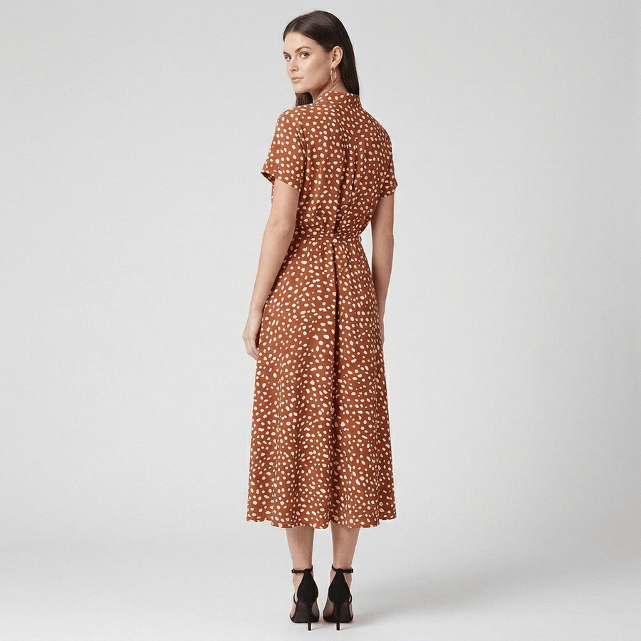 Brown Polka Dot Shirt Dress with Drawstring Waist and Short Sleeves
