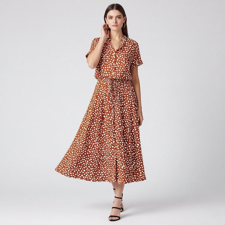 Brown Polka Dot Shirt Dress with Drawstring Waist and Short Sleeves