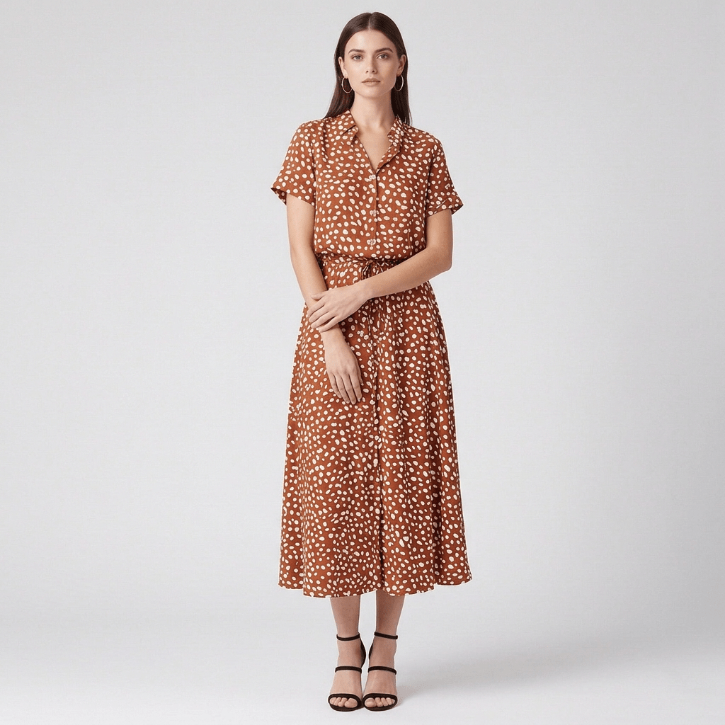 Brown Polka Dot Shirt Dress with Drawstring Waist and Short Sleeves