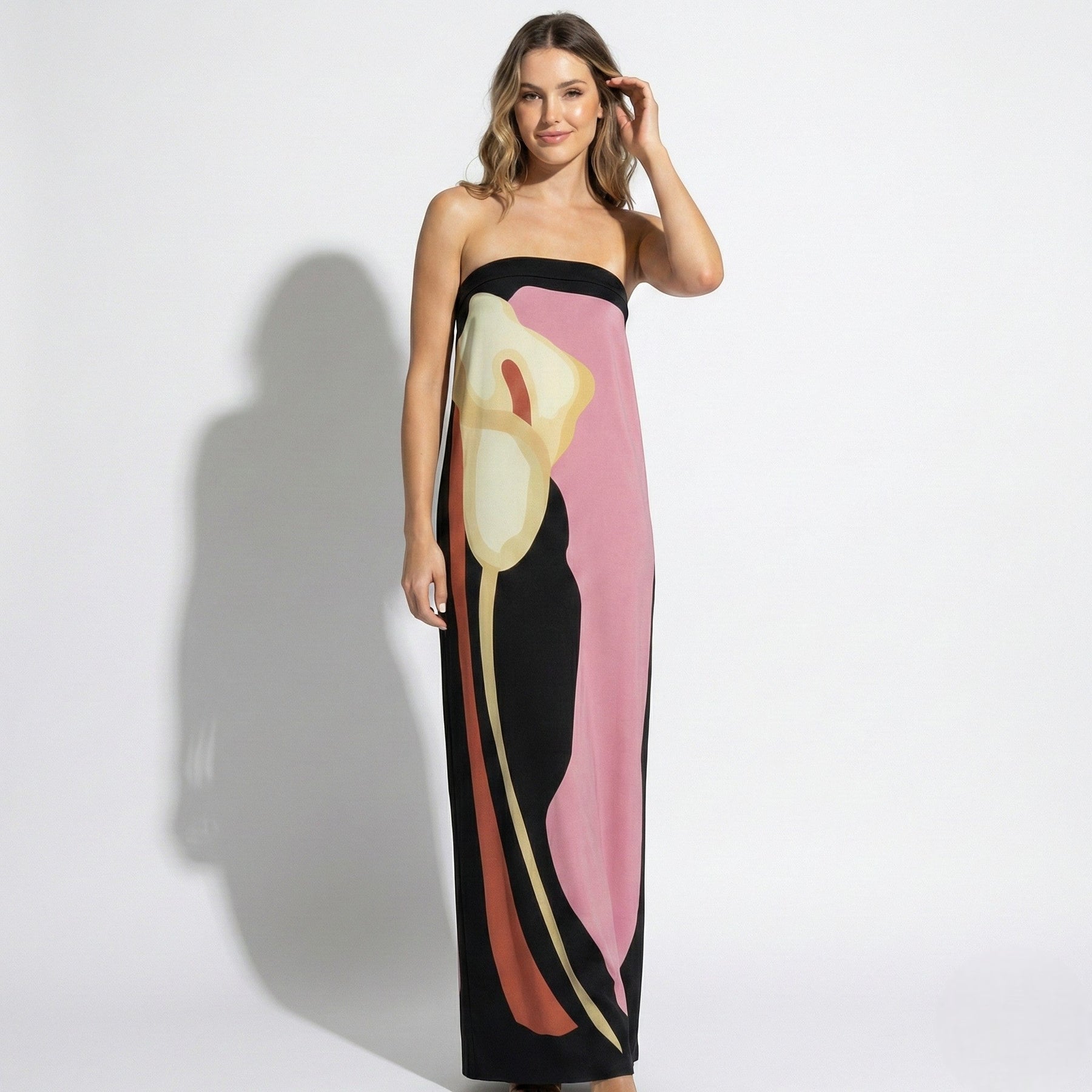 Strapless Abstract Floral Maxi Dress with Bandeau Top