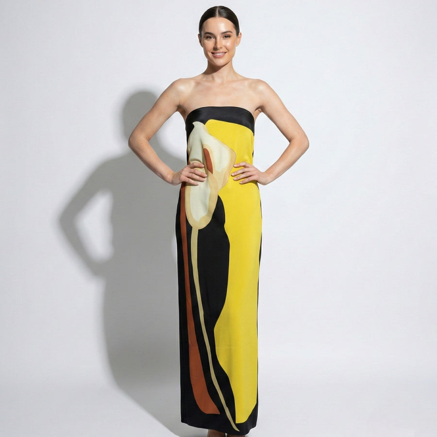 Strapless Abstract Floral Maxi Dress with Bandeau Top