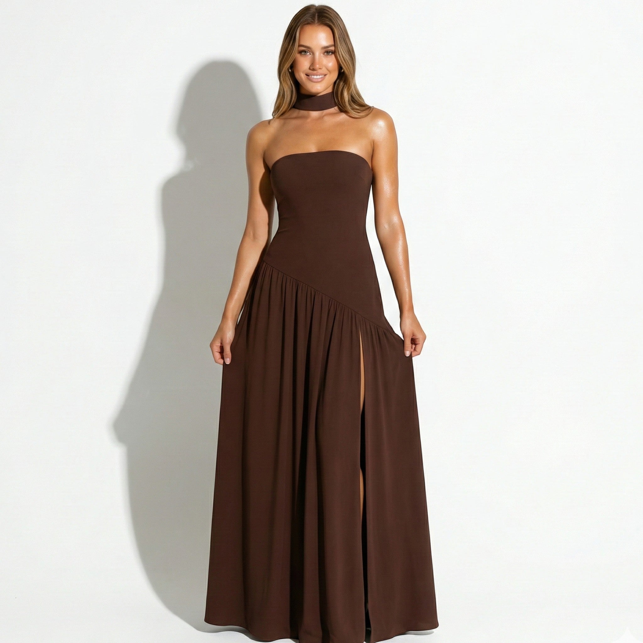 Strapless Maxi Dress with Choker Neck and High Side Slit