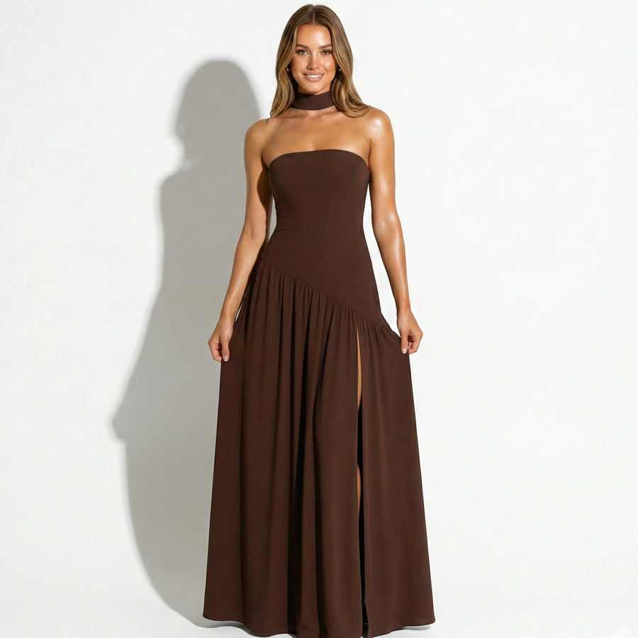 Strapless Maxi Dress with Choker Neck and High Side Slit